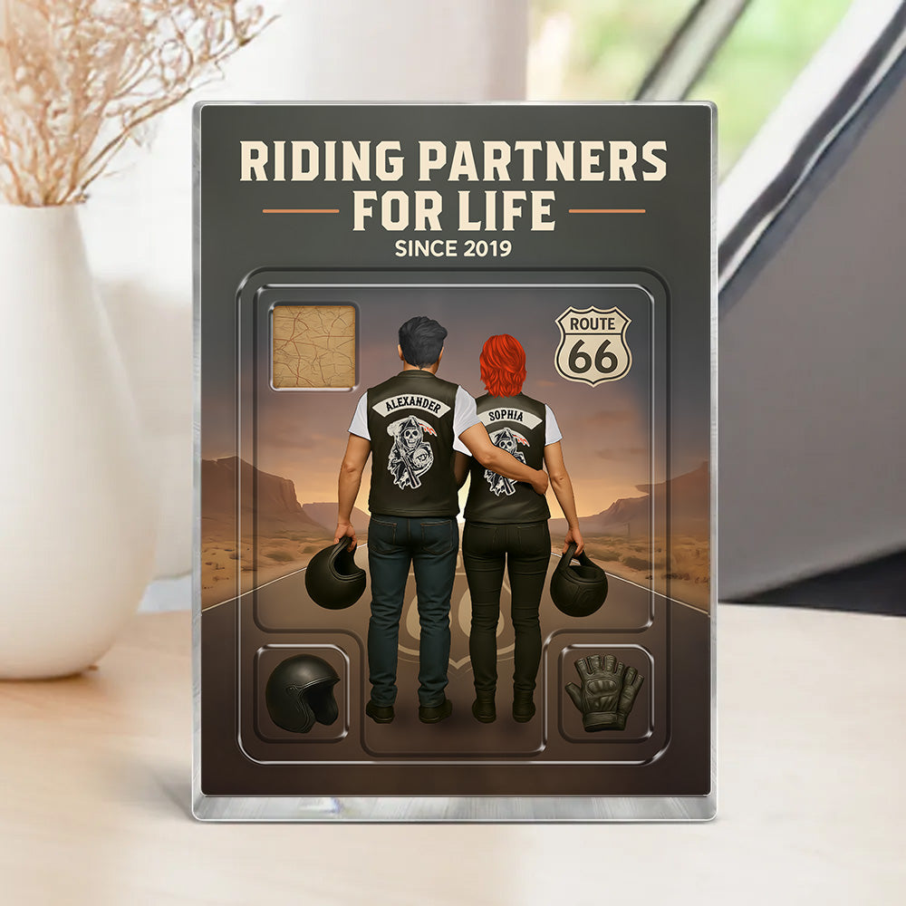 3D Effect Custom Figure Couple Bikers Riding Partners For Life Personalized Flat Acrylic Block, Birthday Gift, Wedding Gift, Anniversary Gift For Bikers