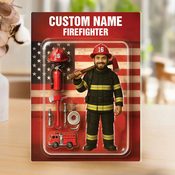 3D Effect Firefighter Action Figure Pack Packaging Personalized Face Firefighter Acrylic Plaque, Unique Keepsake, Gift For Firefighters - Image 2