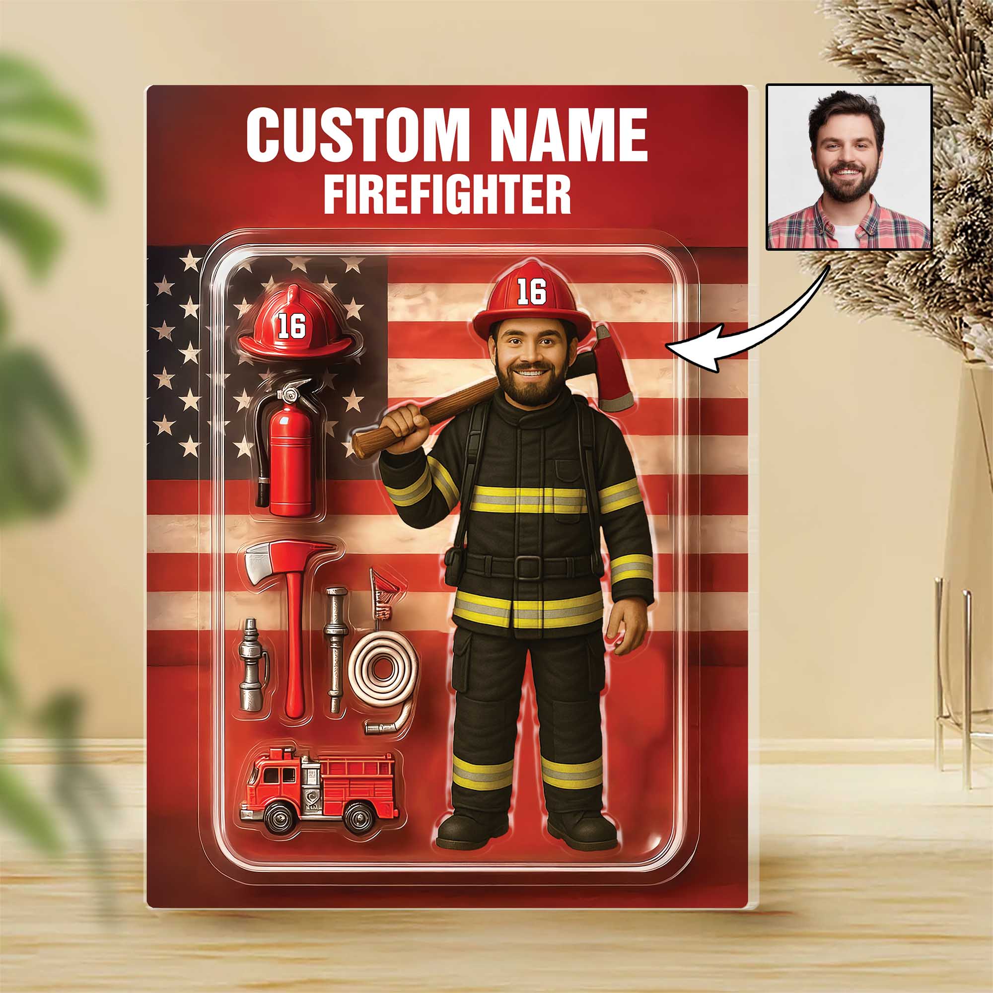 3D Effect Firefighter Action Figure Pack Packaging Personalized Face Firefighter Acrylic Plaque, Unique Keepsake, Gift For Firefighters