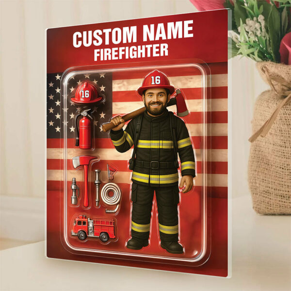 3D Effect Firefighter Action Figure Pack Packaging Personalized Face Firefighter Acrylic Plaque, Unique Keepsake, Gift For Firefighters - Image 3
