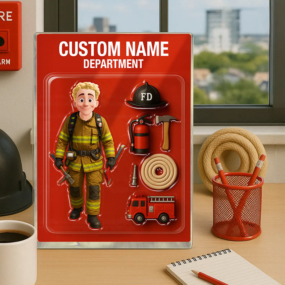 3D Effect Firefighter Custom Figure Personalized Flat Rectangle Acrylic Block, Unique Gift For Firefighters, Dad, Husband