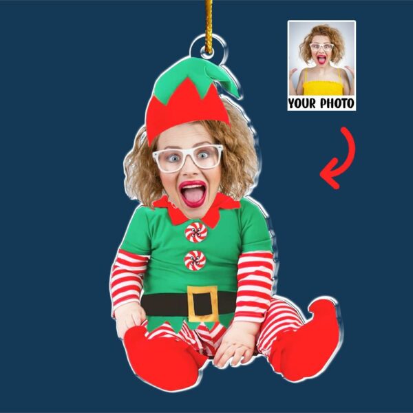 Adorable Newborn Baby Elf - Personalized Babys Photo First Christmas Ornament - Image 4