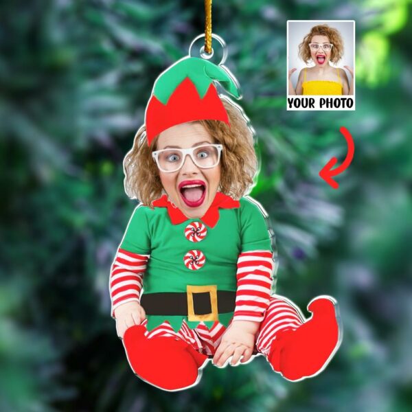 Adorable Newborn Baby Elf - Personalized Babys Photo First Christmas Ornament - Image 6