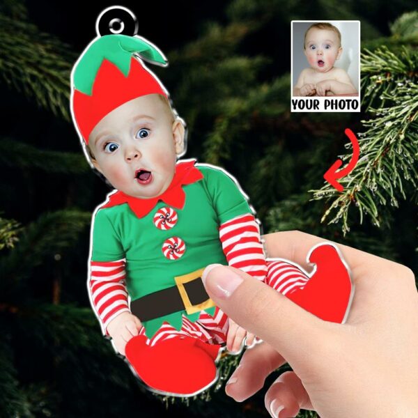 Adorable Newborn Baby Elf - Personalized Babys Photo First Christmas Ornament - Image 5