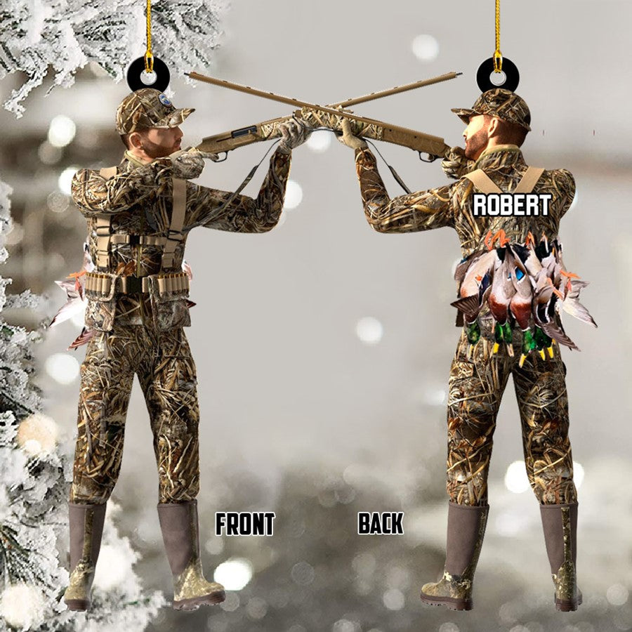Aiming Duck Hunter with Gun in Grass Camo Fur Christmas Ornament Gift For Duck Hunting Lovers H2511