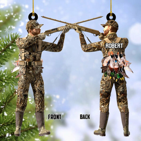 Aiming Duck Hunter with Gun in Grass Camo Fur Christmas Ornament Gift For Duck Hunting Lovers H2511 - Image 2