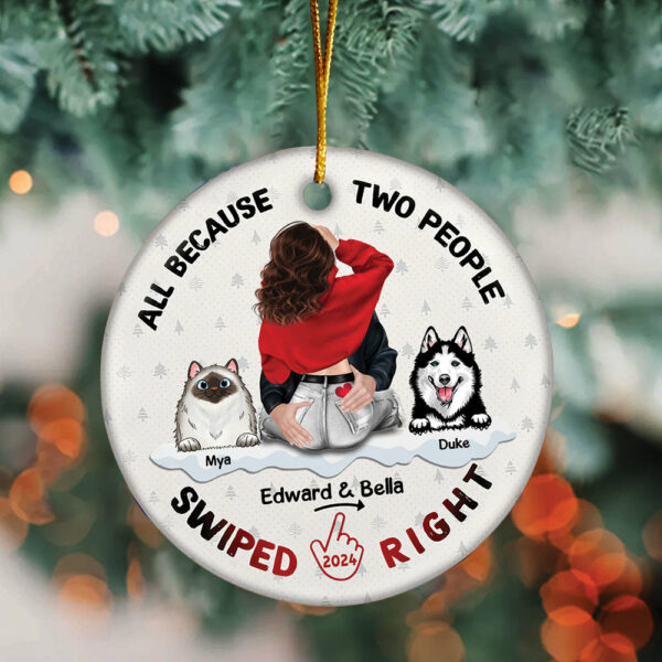 All Because Two People Swiped Right Personalized Ceramic Ornament For Couple - Image 2