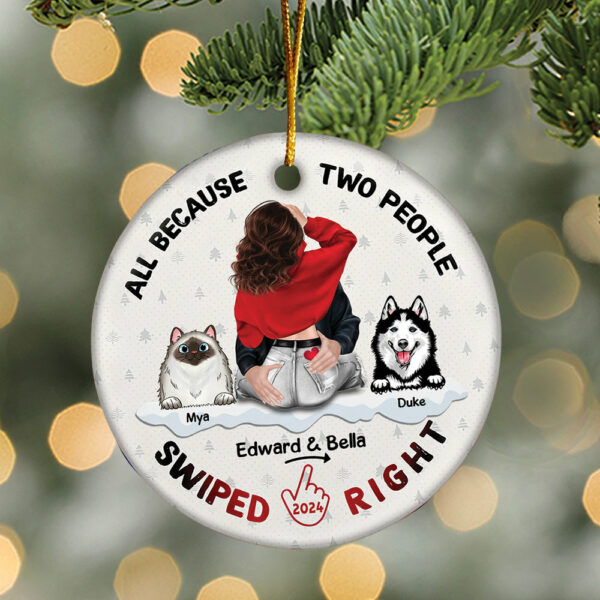 All Because Two People Swiped Right Personalized Ceramic Ornament For Couple - Image 3