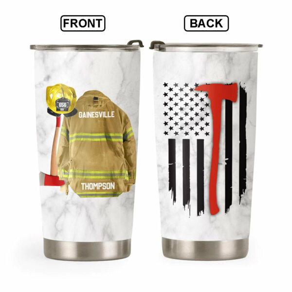 American Flag Fire Armor Tumbler For Proud Firefighter Custom Name And Number Gift For Firefighter Fireman - Image 2