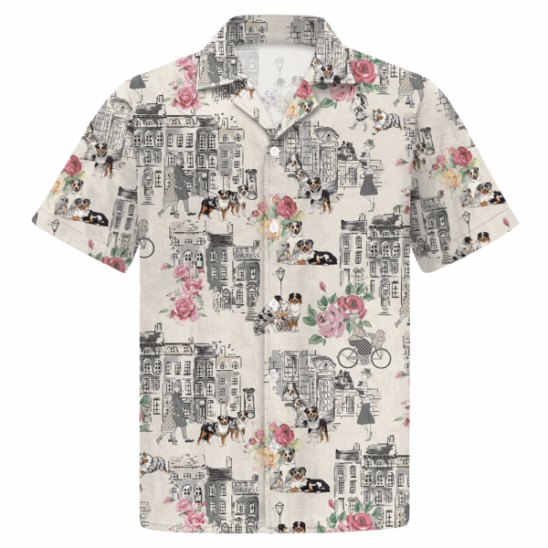 Australian Shepherd Walking With Woman In Urban Hawaiian Shirt