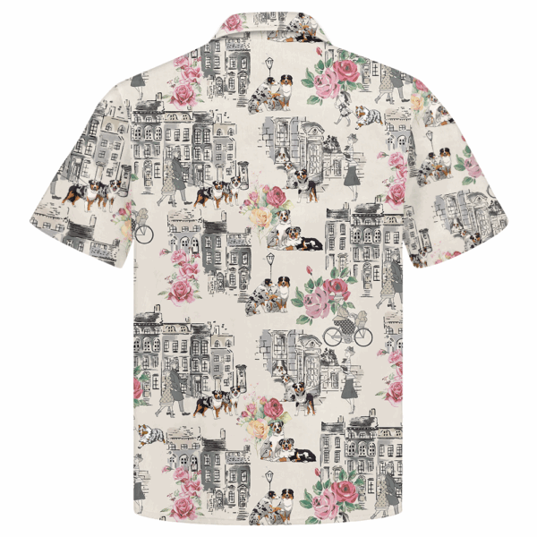 Australian Shepherd Walking With Woman In Urban Hawaiian Shirt - Image 2