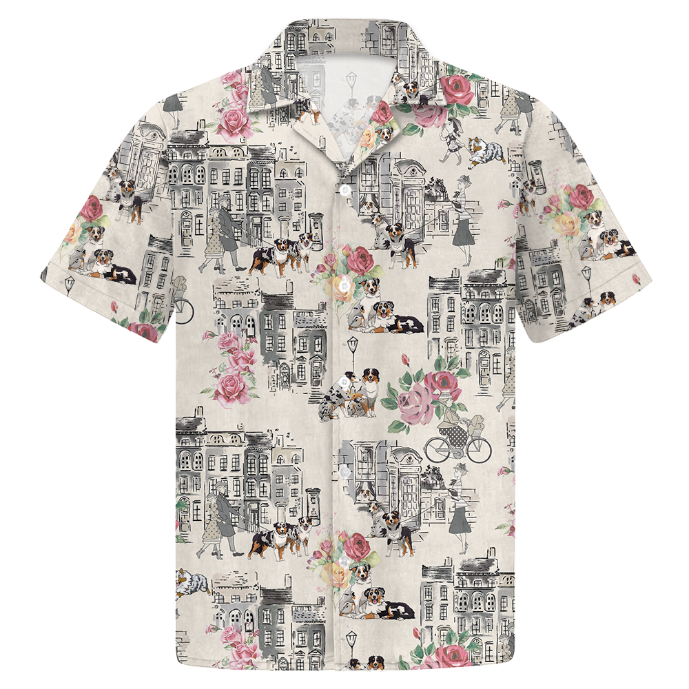 Australian Shepherd Walking With Woman In Urban Hawaiian Shirt