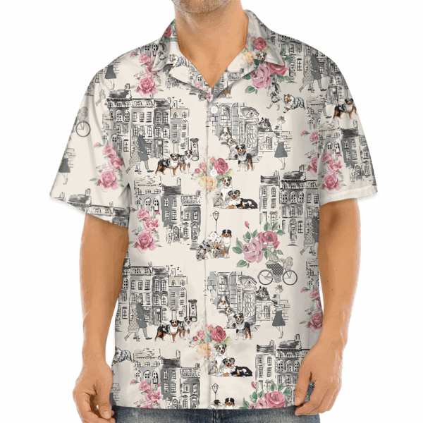 Australian Shepherd Walking With Woman In Urban Hawaiian Shirt - Image 3