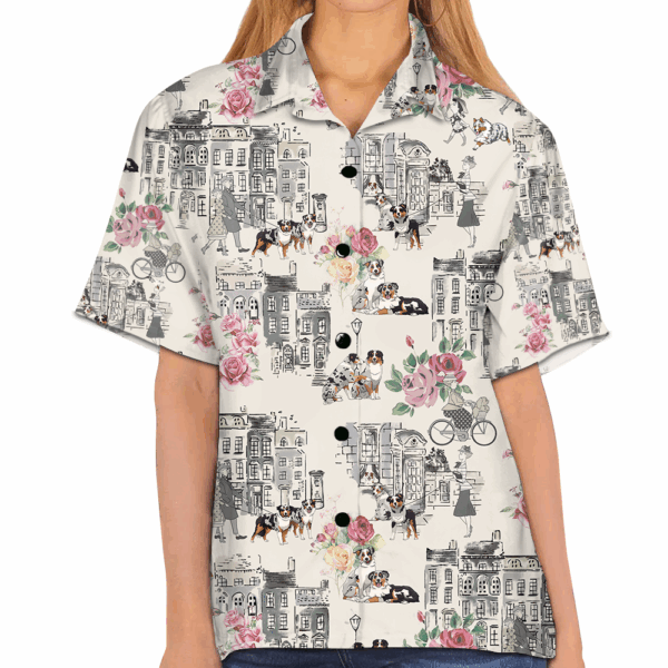 Australian Shepherd Walking With Woman In Urban Hawaiian Shirt - Image 5