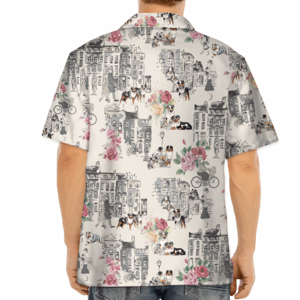 Australian Shepherd Walking With Woman In Urban Hawaiian Shirt - Image 4