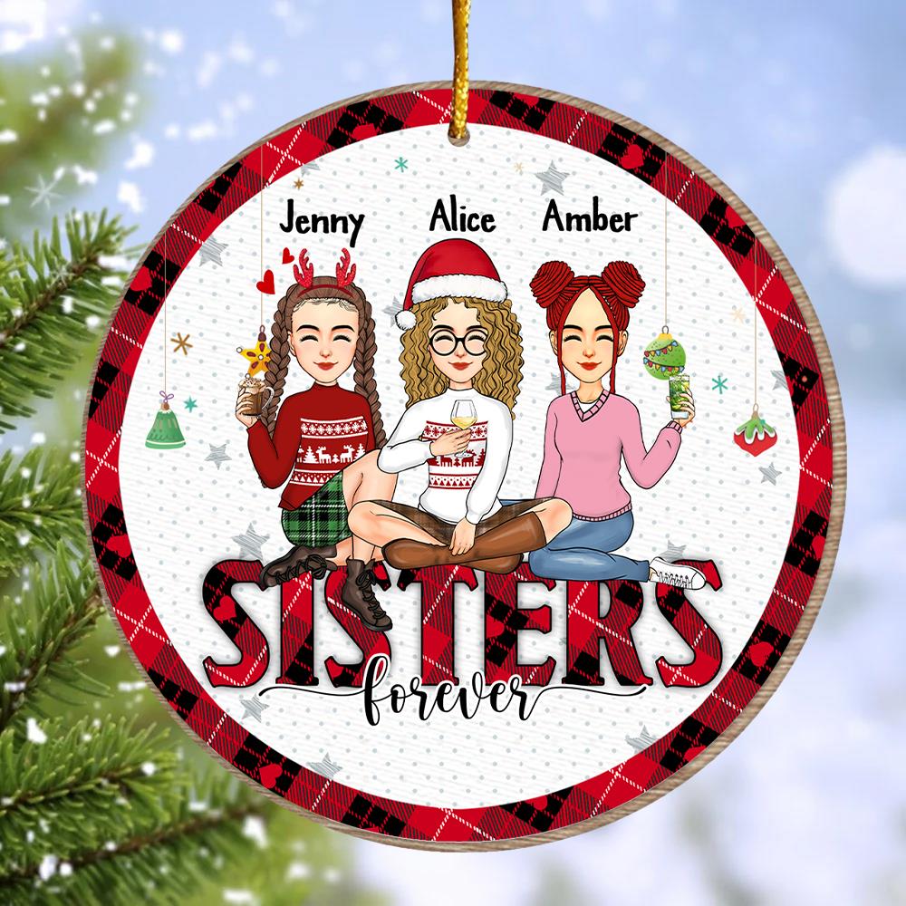 Besties By Heart - Bestie Personalized Custom Ornament - Wooden Round Shaped - Christmas Gift For Best Friends, BFF, Sisters