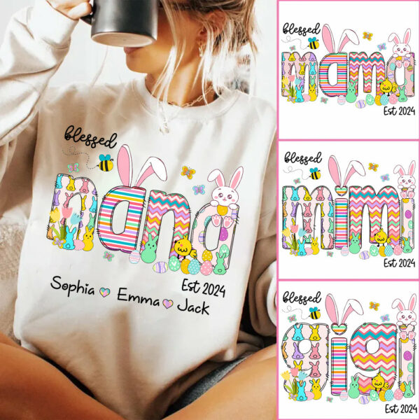 Blessed Grandma - Cute Colorful Easter Shirt - Personalized Nickname Nana Gigi Mimi - Custom Kid Names NA04