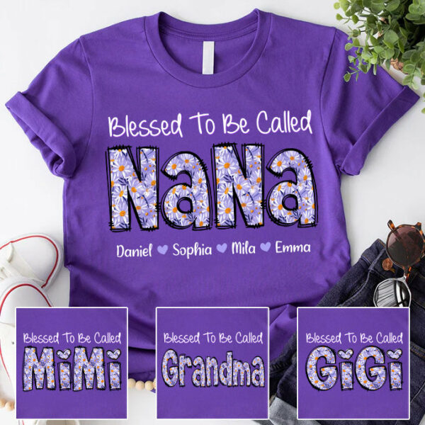 Blessed To Be Called NaNa, Custom Nana Purple Daisy With Grandkids Mother's Day T-Shirt T1807