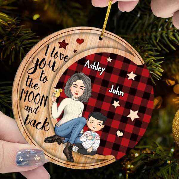 Checkered Pattern Cute Grandma Sitting With Grandkids On Moon Christmas Personalized Wooden Ornament - Image 6
