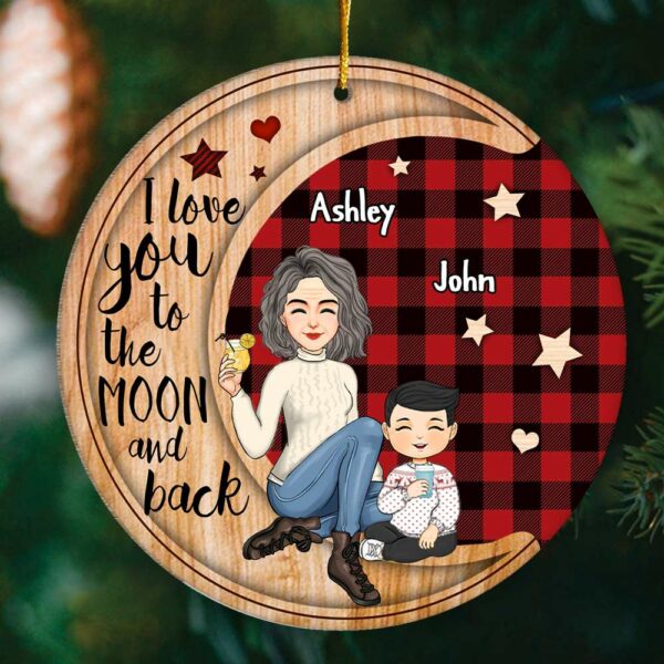 Checkered Pattern Cute Grandma Sitting With Grandkids On Moon Christmas Personalized Wooden Ornament - Image 2