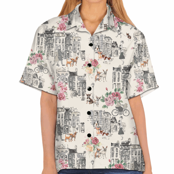 Chihuahua Walking With Woman In Urban Hawaiian Shirt - Image 5