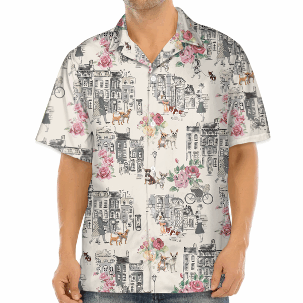 Chihuahua Walking With Woman In Urban Hawaiian Shirt - Image 3