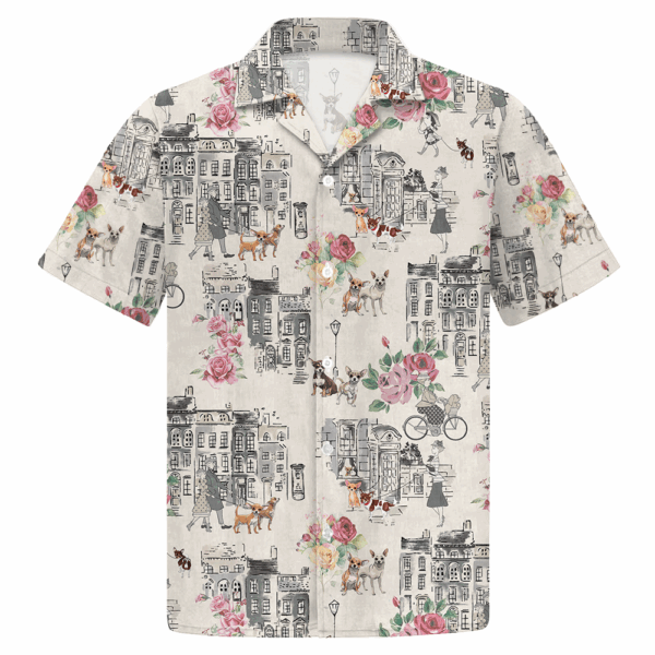 Chihuahua Walking With Woman In Urban Hawaiian Shirt