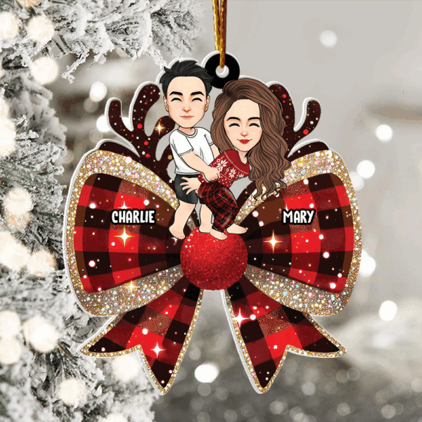 Christmas Checkered Coquette Bow Personalized Acrylic Ornament For Couple - Image 3