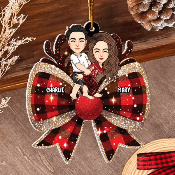 Christmas Checkered Coquette Bow Personalized Acrylic Ornament For Couple