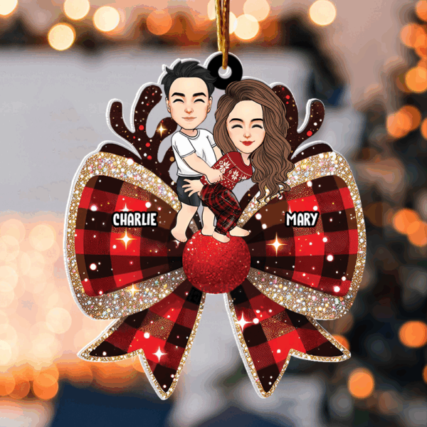 Christmas Checkered Coquette Bow Personalized Acrylic Ornament For Couple - Image 2