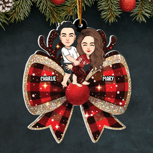 Christmas Checkered Coquette Bow Personalized Acrylic Ornament For Couple - Image 5