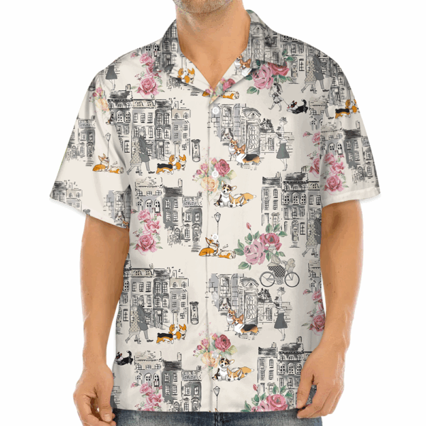 Corgi Walking With Woman In Urban Hawaiian Shirt - Image 3