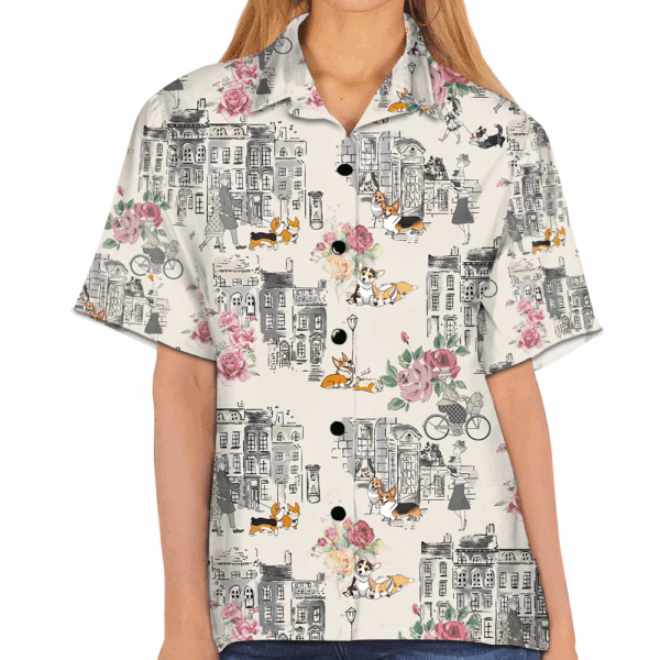 Corgi Walking With Woman In Urban Hawaiian Shirt - Image 5