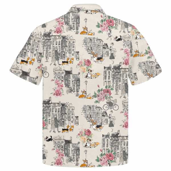 Corgi Walking With Woman In Urban Hawaiian Shirt - Image 2