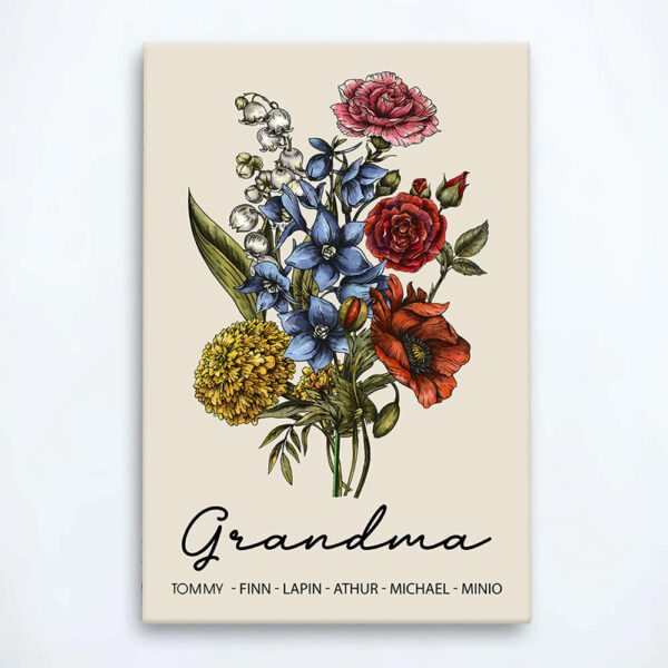 Custom Birth Flower Family Bouquet Canvas Gift For Mom Grandma, Personalized Handmade Birth Month Flower Art, Personalized Gift For Women - Image 3