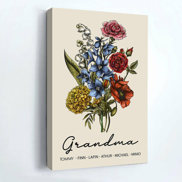 Custom Birth Flower Family Bouquet Canvas Gift For Mom Grandma, Personalized Handmade Birth Month Flower Art, Personalized Gift For Women - Image 2
