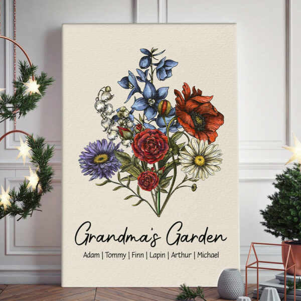 Custom Birth Flower Family Bouquet Canvas Gift For Mom Grandma, Personalized Handmade Birth Month Flower Art, Personalized Gift For Women
