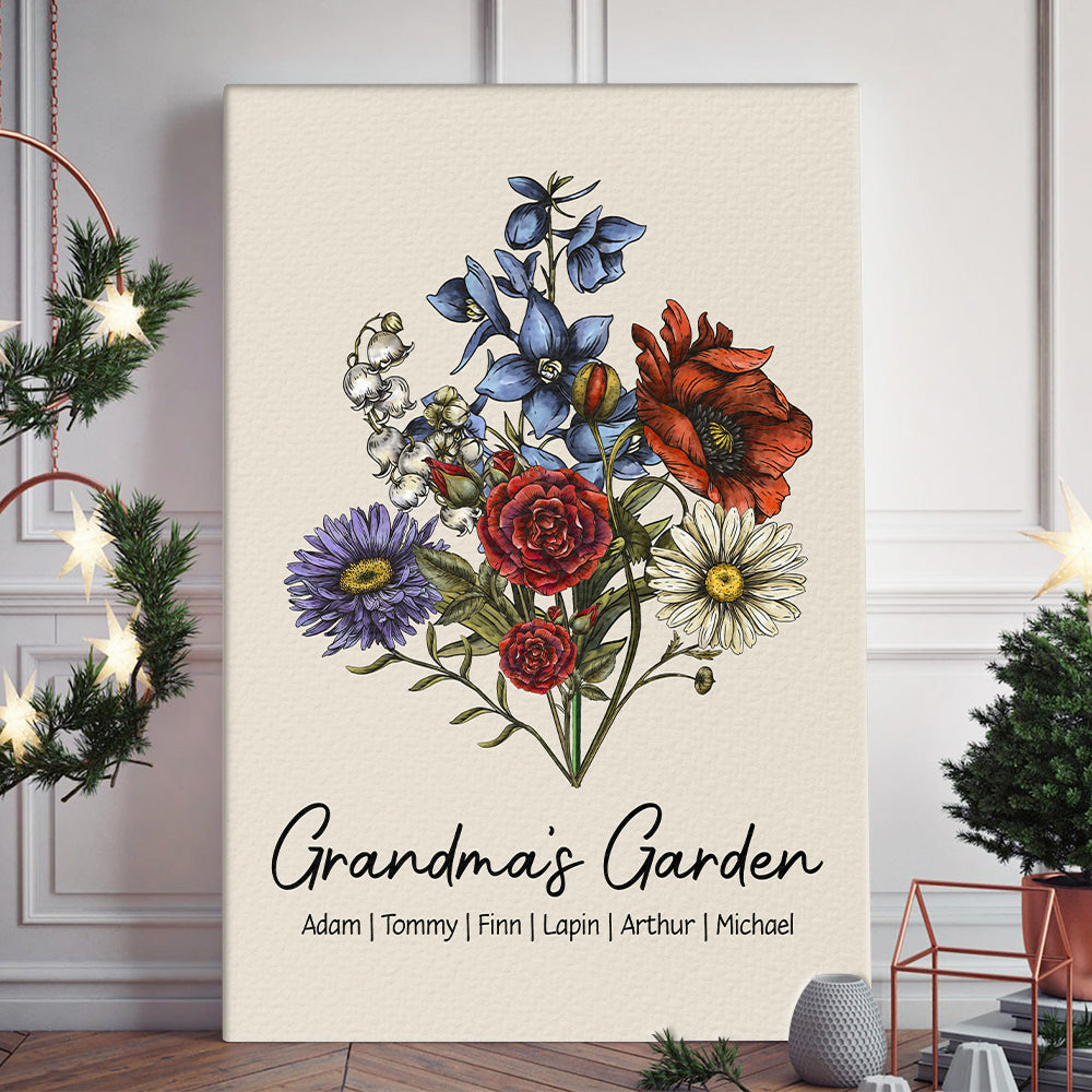 Custom Birth Flower Family Bouquet Canvas Gift For Mom Grandma, Personalized Handmade Birth Month Flower Art, Personalized Gift For Women