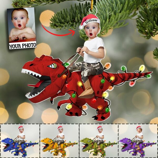 Custom Cute Kid Rides The Dinosaurus Christmas Light Ornament Acrylic Personalized Kids Ornament, Dinosaur Ornament, Baby Dinosaur - Image 2