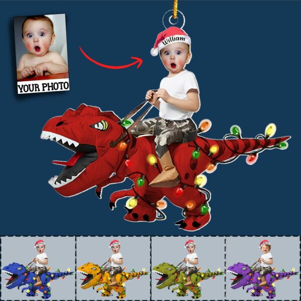 Custom Cute Kid Rides The Dinosaurus Christmas Light Ornament Acrylic Personalized Kids Ornament, Dinosaur Ornament, Baby Dinosaur - Image 4