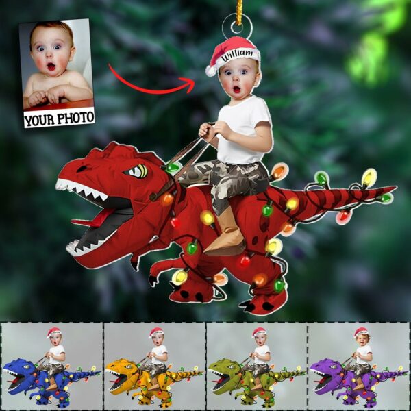 Custom Cute Kid Rides The Dinosaurus Christmas Light Ornament Acrylic Personalized Kids Ornament, Dinosaur Ornament, Baby Dinosaur - Image 3