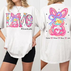 Custom Easter Brushstroke Pink Bunny Bow T-Shirt, Personalized Gift For Grandma & Kids