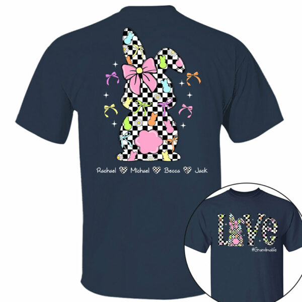 Custom Easter Retro Checkered Pink Bunny Bow T-Shirt, Personalized Gift For Grandma & Kids - Image 7