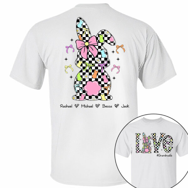 Custom Easter Retro Checkered Pink Bunny Bow T-Shirt, Personalized Gift For Grandma & Kids - Image 5