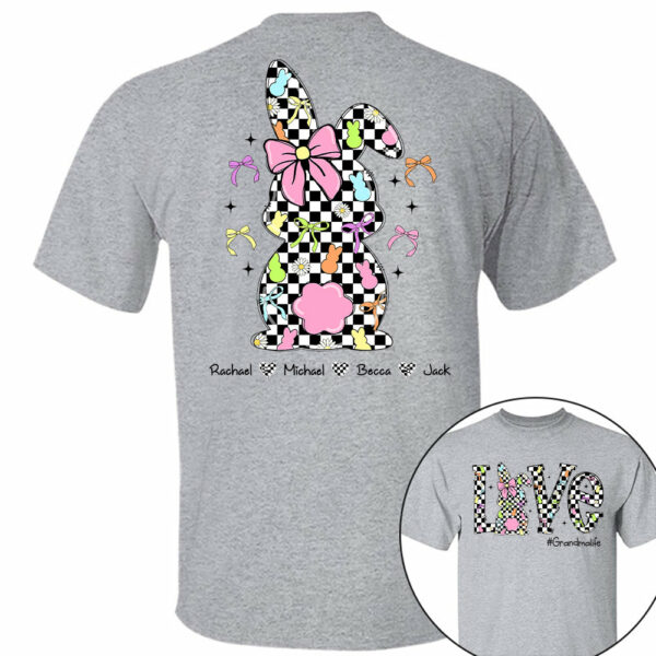 Custom Easter Retro Checkered Pink Bunny Bow T-Shirt, Personalized Gift For Grandma & Kids - Image 6