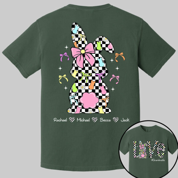 Custom Easter Retro Checkered Pink Bunny Bow T-Shirt, Personalized Gift For Grandma & Kids - Image 9