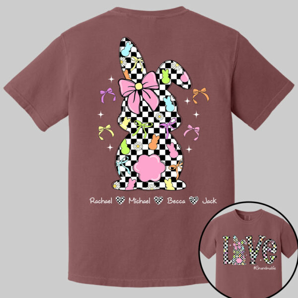 Custom Easter Retro Checkered Pink Bunny Bow T-Shirt, Personalized Gift For Grandma & Kids - Image 13