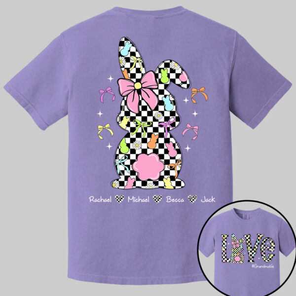 Custom Easter Retro Checkered Pink Bunny Bow T-Shirt, Personalized Gift For Grandma & Kids - Image 12