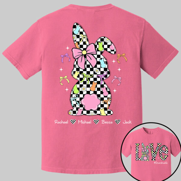 Custom Easter Retro Checkered Pink Bunny Bow T-Shirt, Personalized Gift For Grandma & Kids - Image 11