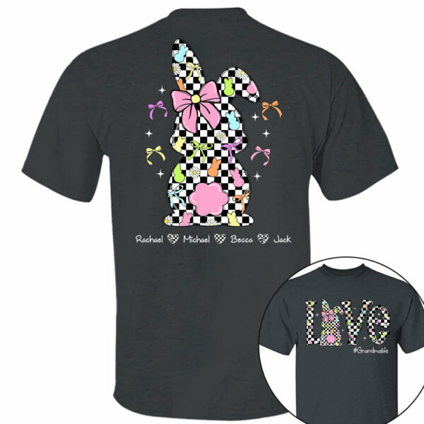 Custom Easter Retro Checkered Pink Bunny Bow T-Shirt, Personalized Gift For Grandma & Kids - Image 4